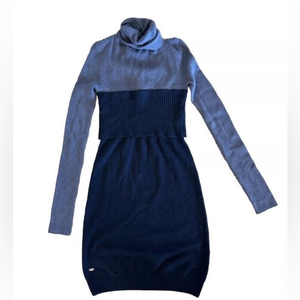Lacoste Merino Wool Peplum Ribbed Navy Turtleneck Sweater Dress
